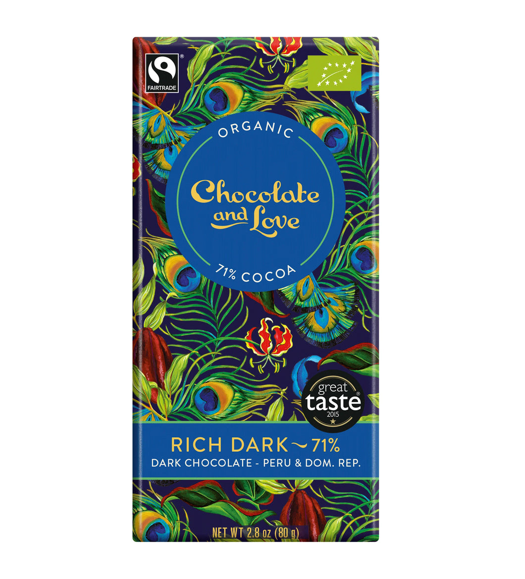 Ciocolată organică vegană Rich Dark, 71% cacao, 80g de la Chocolate and Love
