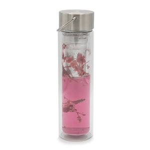 Sticla de ceai din sticla cu pereti dubli cu sita din otel inoxidabil Flowtea Cherry Blossom, 350 ml