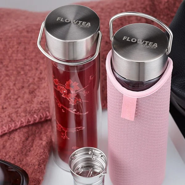 Sticla de ceai din sticla cu pereti dubli cu sita din otel inoxidabil Flowtea Cherry Blossom, 350 ml