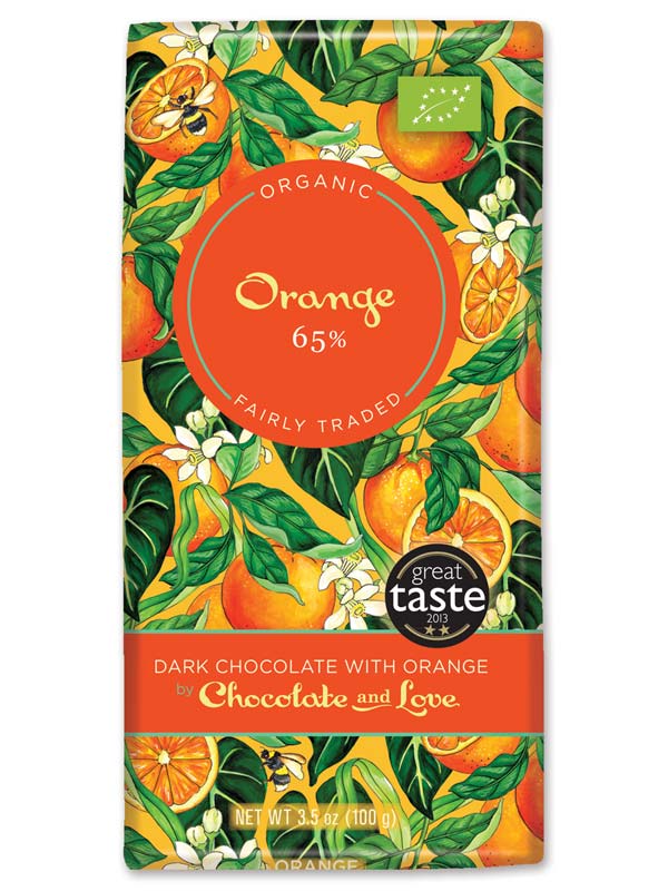 Ciocolată organică vegană cu portocale, 65% cacao, 80g de la Chocolate and Love Orange
